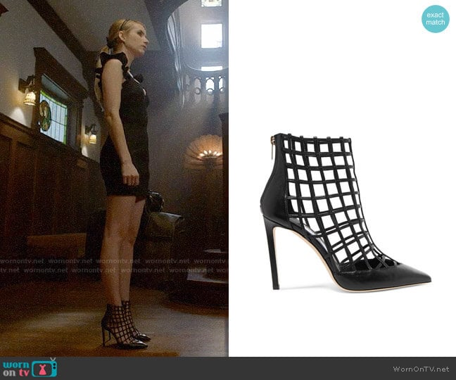 Jimmy Choo Sheldon Leather Cage Heels worn by Madison Montgomery (Emma Roberts) on American Horror Story