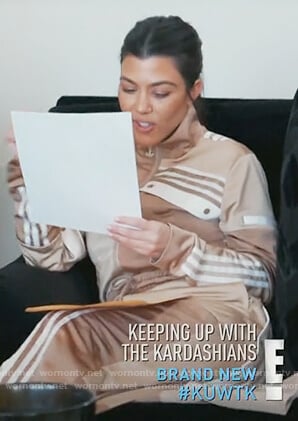 Kourtney’s beige Adidas track jacket and pants on Keeping Up with the Kardashians