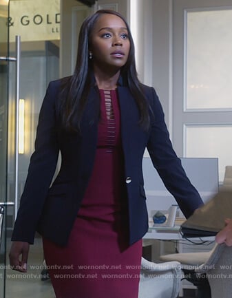 Michaela’s red ladder trim sheath dress on How to Get Away with Murder
