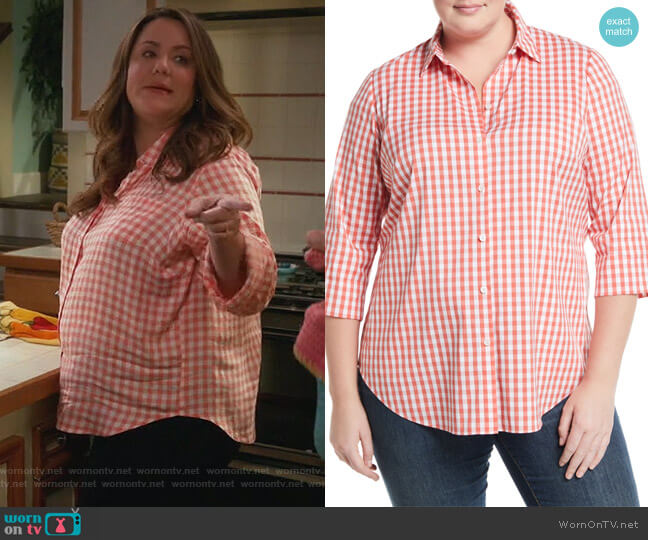 Lafayette 148 New York 3/4-Sleeve Button-Front Gingham Top worn by Katie Otto (Katy Mixon) on American Housewife