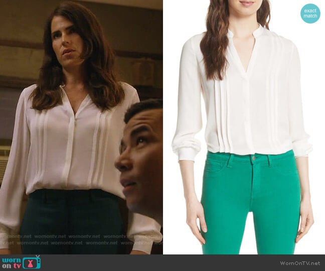 L'Agence Amalea Pintuck Silk Blouse worn by Laurel Castillo (Karla Souza) on How to Get Away with Murder