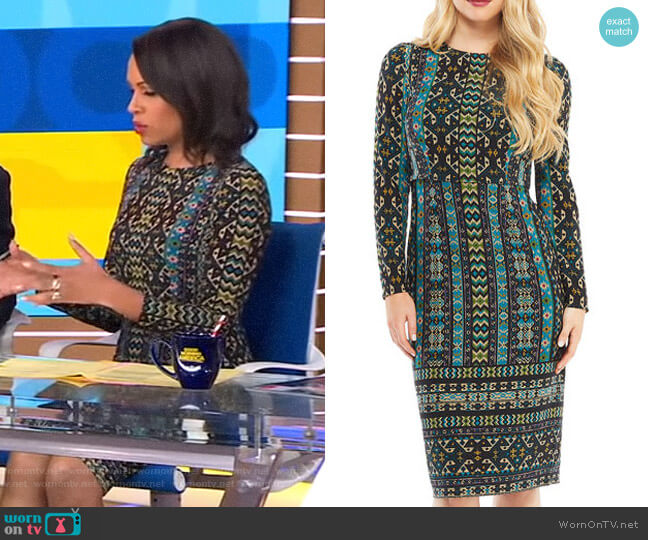 Maggy London Long-Sleeve Global-Tile Sheath Dress worn by Adrienne Bankert on Good Morning America