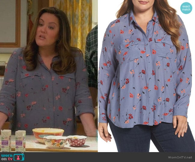 Lucky Brand Floral Button Down Blouse worn by Katie Otto (Katy Mixon) on American Housewife