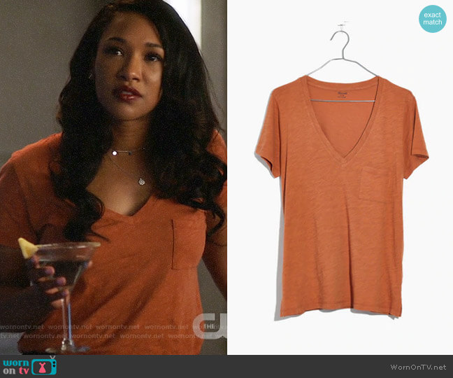 Madewell Whisper Cotton V-neck Tee in Warm Nutmeg worn by Iris West (Candice Patton) on The Flash