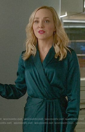 Marissa’s green draped wrap dress on Bull