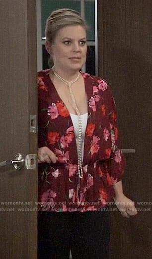 Maxie’s red floral kimono top on General Hospital