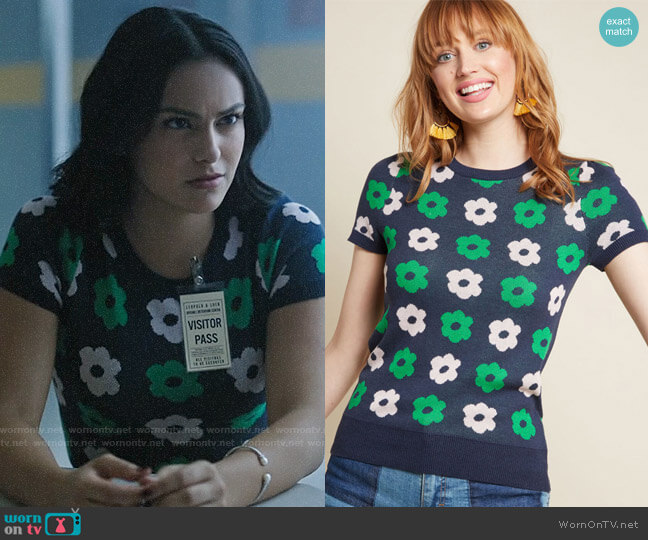What I Call Fun Intarsia Sweater in Navy Retro Bloom from ModCloth worn by Veronica Lodge (Camila Mendes) on Riverdale
