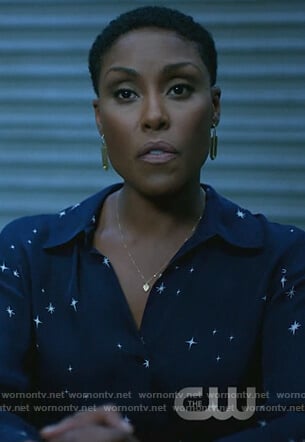 Lynn’s navy star print blouse on Black Lightning