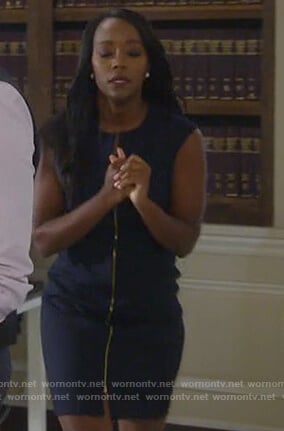 Michaela’s navy sleeveless zip-front dress on How to Get Away with Murder