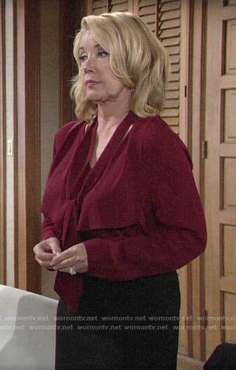 Nikki’s red tie neck blouse on The Young and the Restless