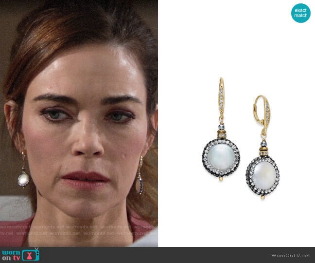 Paul & Pitü Naturally Two-Tone Freshwater Pearl & Crystal Pavé Drop Earrings worn by Victoria Newman (Amelia Heinle) on The Young and the Restless