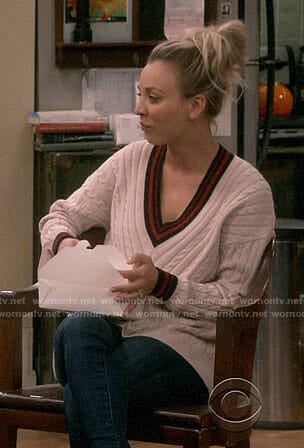 Penny’s cable knit varsity sweater on The Big Bang Theory