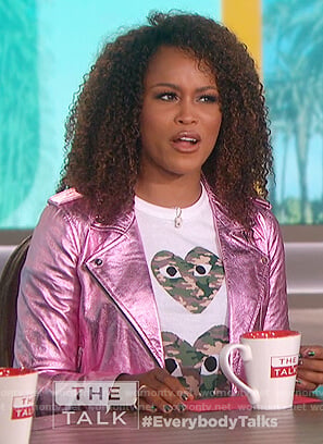 Eve’s pink metallic jacket and heart print tee on The Talk