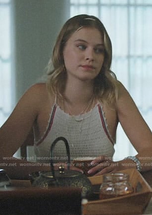 Polly’s white crochet halter top on Riverdale