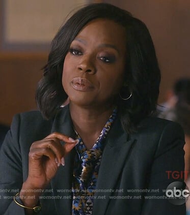 Annalise’s blue print tie neck top on How to Get Away with Murder
