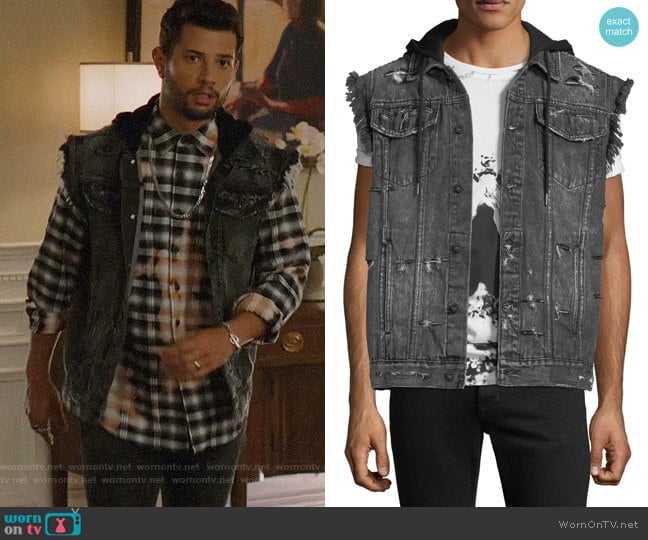 PRPS Denim Vest Jacket with Hoodie Combo worn by Sam Flores (Rafael de la Fuente) on Dynasty
