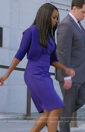 Michaela’s purple sheath dress and cropped cardigan on How to Get Away with Murder