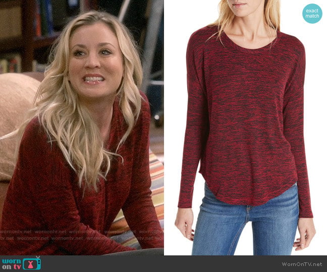 Rag and Bone Hudson Tee in Deep Berry worn by Penny Hofstadter (Kaley Cuoco) on The Big Bang Theory