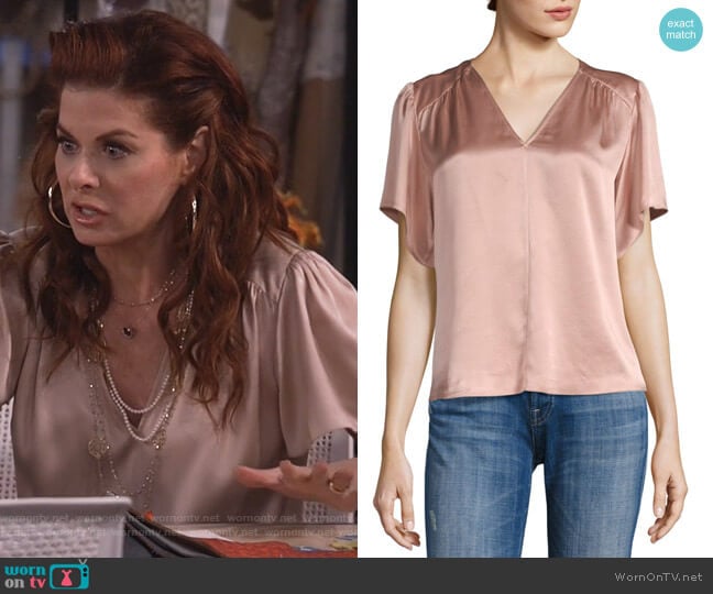 Rebecca Taylor Flutter-Sleeve Charmeuse Blouse worn by Grace Adler (Debra Messing) on Will and Grace