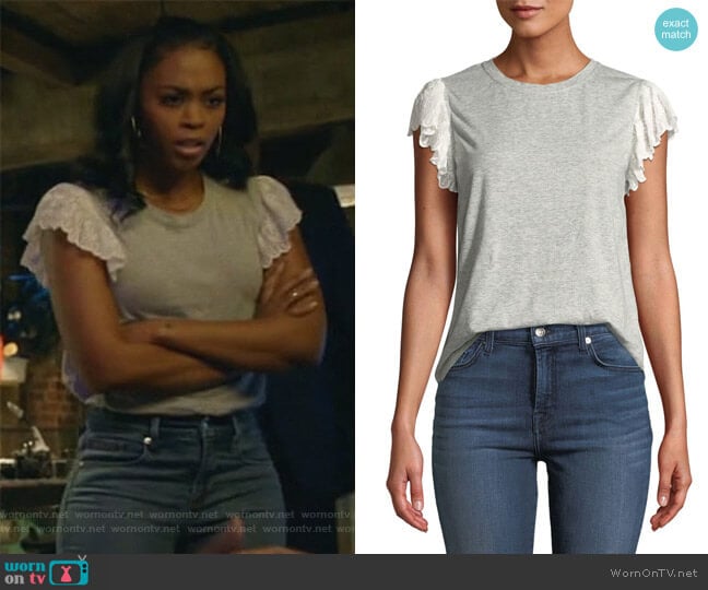 Rebecca Taylor Samira Lace Flutter-Sleeve Crewneck Tee worn by Anissa Pierce (Nafessa Williams) on Black Lightning