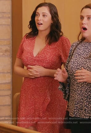 Rebecca’s red printed wrap dress on Crazy Ex Girlfriend