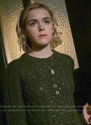 Sabrina’s dark green ring embellished sweater on Chilling Adventures of Sabrina