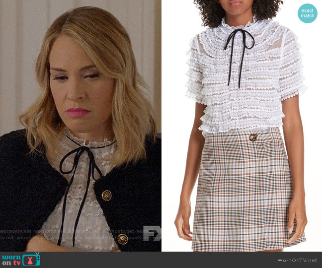 Sandro Addiction Tiered Mesh & Lace Silk Top worn by Coco St. Pierre Vanderbilt (Leslie Grossman) on American Horror Story