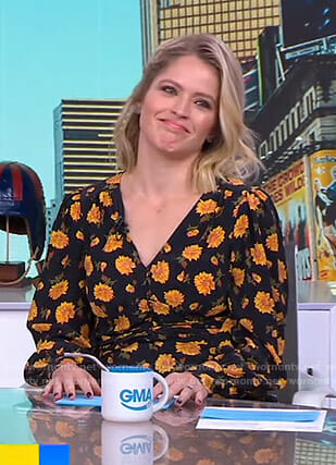 Sara’s black floral v-neck dress on GMA Day