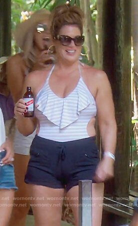 Emily’s striped ruffle front swimsuit on The Real Housewives of Orange County