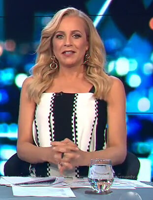 Carrie’s black and white striped sleeveless dress on The Project