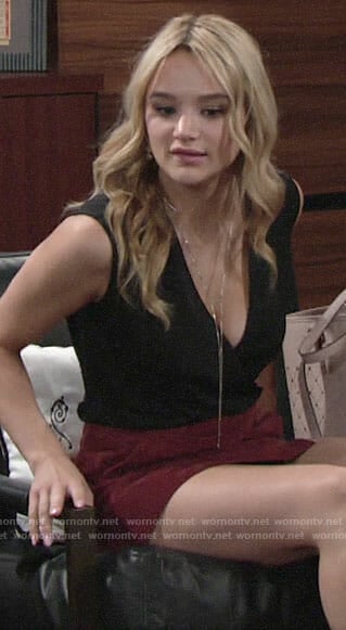 Summer’s black wrap top and red suede mini skirt on The Young and the Restless