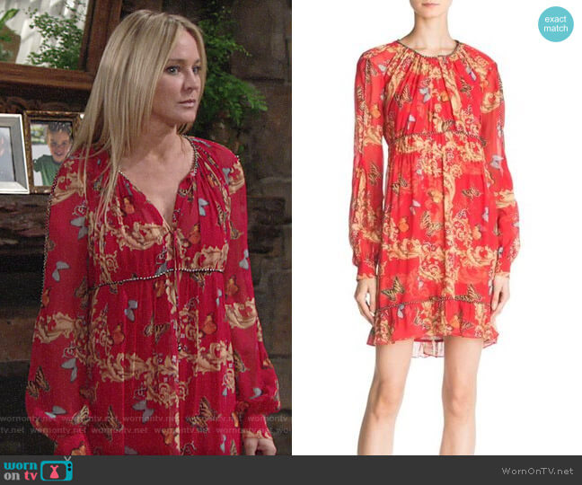 The Kooples Ruched Leaf & Butterfly-Print Silk Dress worn by Sharon Newman (Sharon Case) on The Young and the Restless
