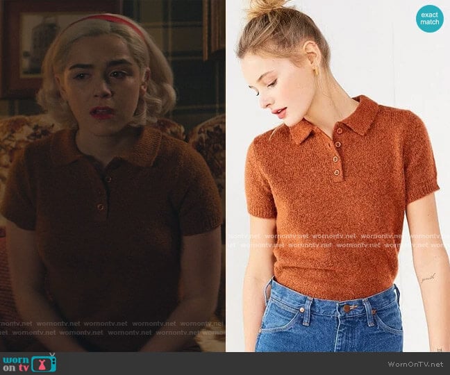 Urban Outfitters Shrunken Fuzzy Polo Sweater worn by Sabrina Spellman (Kiernan Shipka) on Chilling Adventures of Sabrina