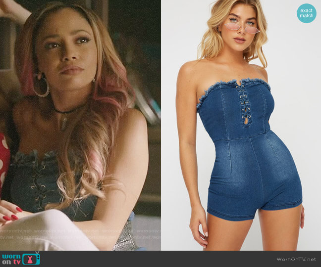 Urban Planet Lace-Up Frayed-Neck Denim Romper worn by Toni Topaz (Vanessa Morgan) on Riverdale