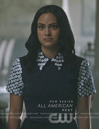 Veronica’s navy top with white floral sequin collar and sleeves on Riverdale