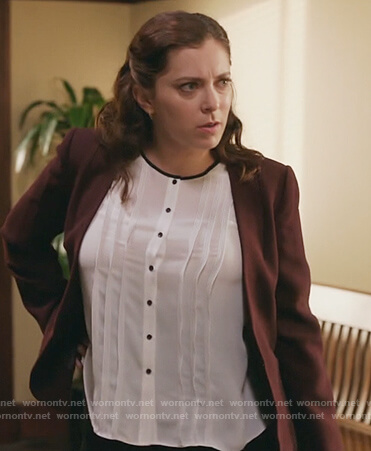 Rebecca’s white pleated contrast top on Crazy Ex Girlfriend