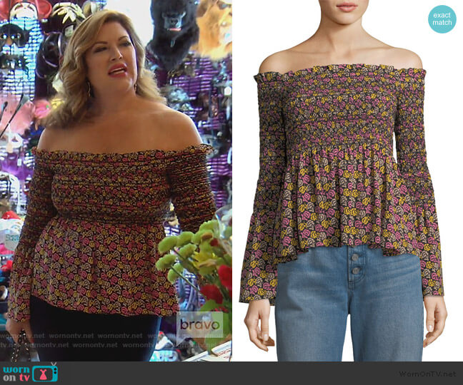 ALC Agra Off-the-Shoulder Floral-Print Silk Top worn by Emily Simpson on The Real Housewives of Orange County