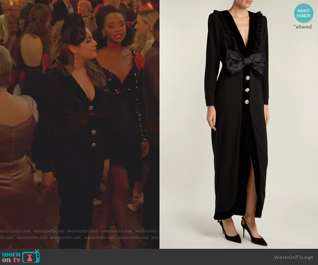 Alessandra Rich Bow-Trimmed V-Neck Crepe Dress worn by Fallon Carrington (Elizabeth Gillies) on Dynasty