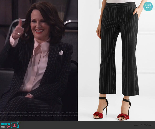 Alexander McQueen Cropped pinstriped wool-blend flared pants worn by Karen Walker (Megan Mullally) on Will and Grace