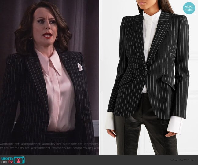 Alexander McQueen Pinstriped wool-blend blazer worn by Karen Walker (Megan Mullally) on Will and Grace