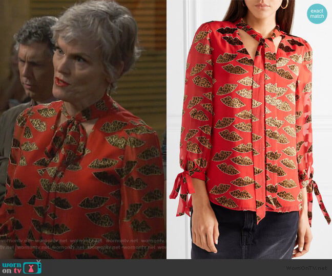 Alice + Olivia x Donald Robertson Sheila Lips Burnout Tie-Neck Top worn by Bonnie (Stephnie Weir) on Happy Together