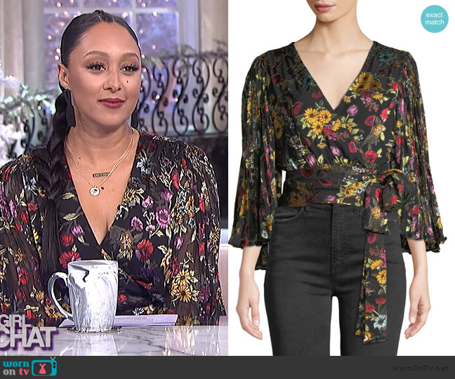Alice + Olivia Bray Pleated-Sleeve Wrap Top worn by Tamera Mowry on The Real
