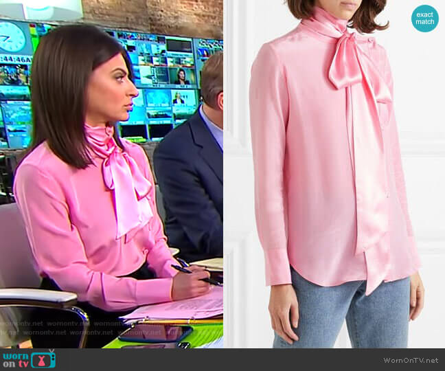 Adam Lippes Asymmetric Pussy-Bow Silk-Crepe Blouse worn by Bianna Golodryga on CBS Mornings