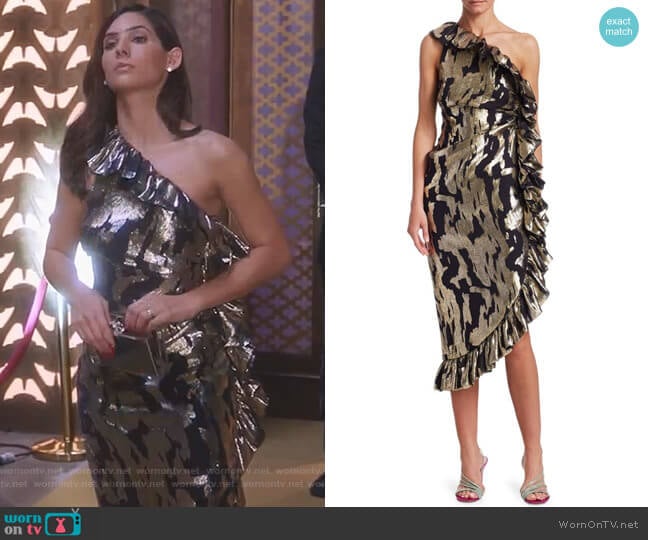 Attico One Shoulder Ruffle Sheath Dress worn by Nina (Camila Banus) on Star