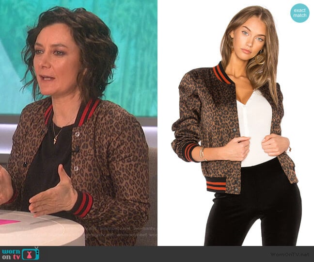 Bailey 44 Leopard Jungle Bomber Jacket worn by Sara Gilbert on The Talk