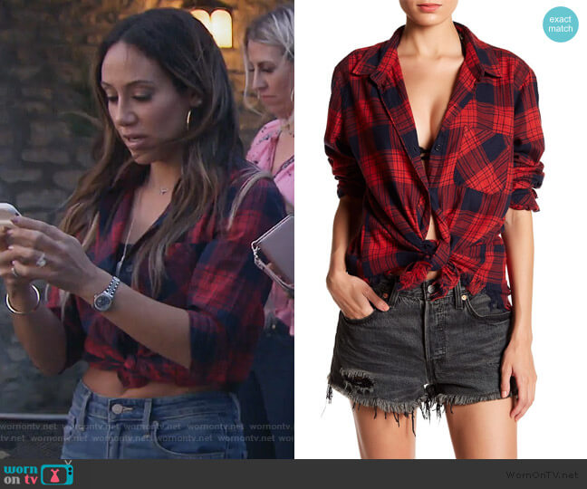 BeachLunchLounge Elyse Plaid Frayed Hem Blouse worn by Melissa Gorga on The Real Housewives of New Jersey