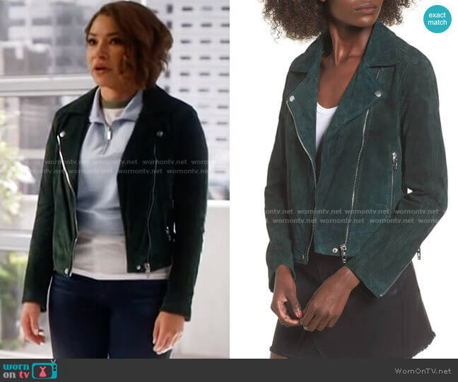 Blank NYC Suede Moto Jacket in Evergreen worn by Nora West-Allen (Jessica Parker Kennedy) on The Flash