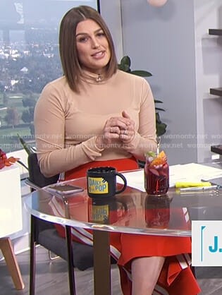 Carissa’s red side striped pants on E! News Daily Pop