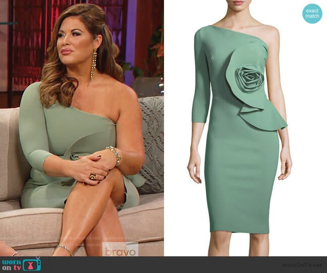 Chiara Boni La Petite Robe Noriko One-Shoulder Cocktail Dress with Rosette Detail worn by Emily Simpson on The Real Housewives of Orange County