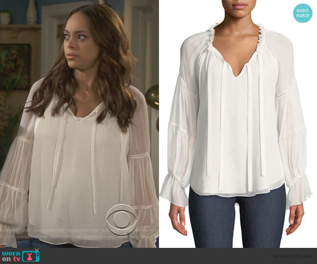 Cinq a Sept Romy Silk Bell-Sleeve Blouse worn by Claire (Amber Stevens West) on Happy Together